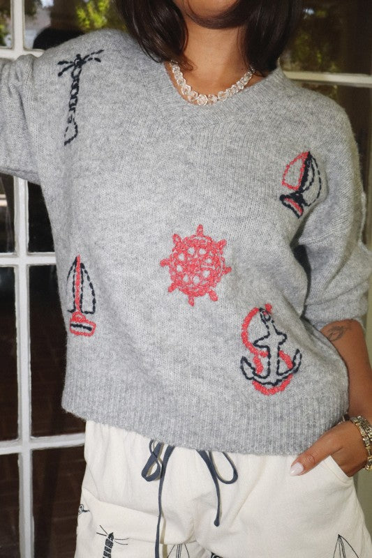 Harbor Emblem Knit Sweater-Sweaters-Vixen Collection, Day Spa and Women's Boutique Located in Seattle, Washington