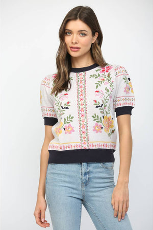 Contrast Ribbing Detail Motif Short Sleeve Sweater-Tops-Vixen Collection, Day Spa and Women's Boutique Located in Seattle, Washington