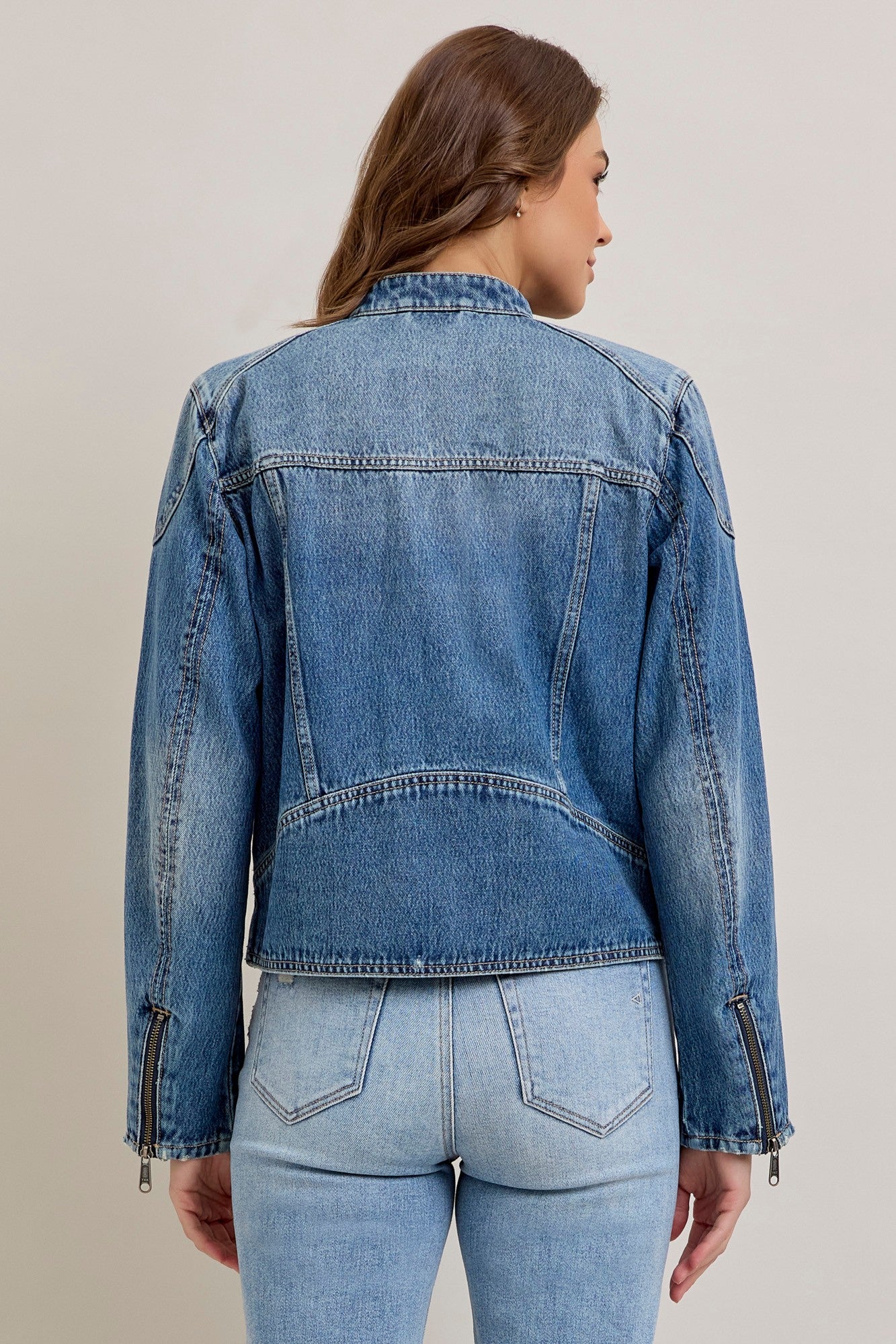 Medium Wash Classic Biker Jacket-Outerwear-Vixen Collection, Day Spa and Women's Boutique Located in Seattle, Washington