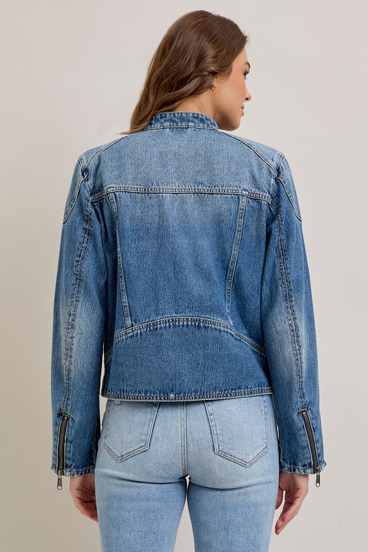 Medium Wash Classic Biker Jacket-Outerwear-Vixen Collection, Day Spa and Women's Boutique Located in Seattle, Washington