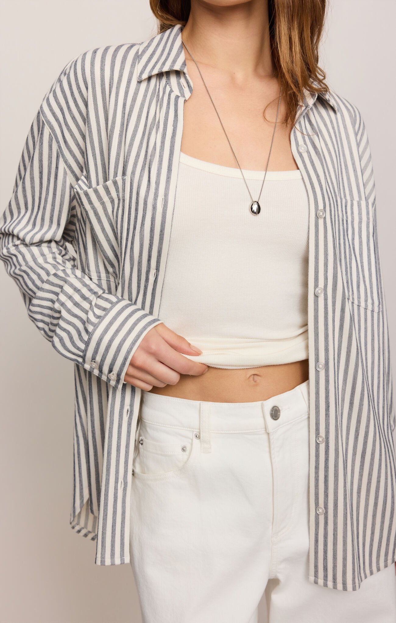 Reese Button Up Stripe Top-Long Sleeves-Vixen Collection, Day Spa and Women's Boutique Located in Seattle, Washington