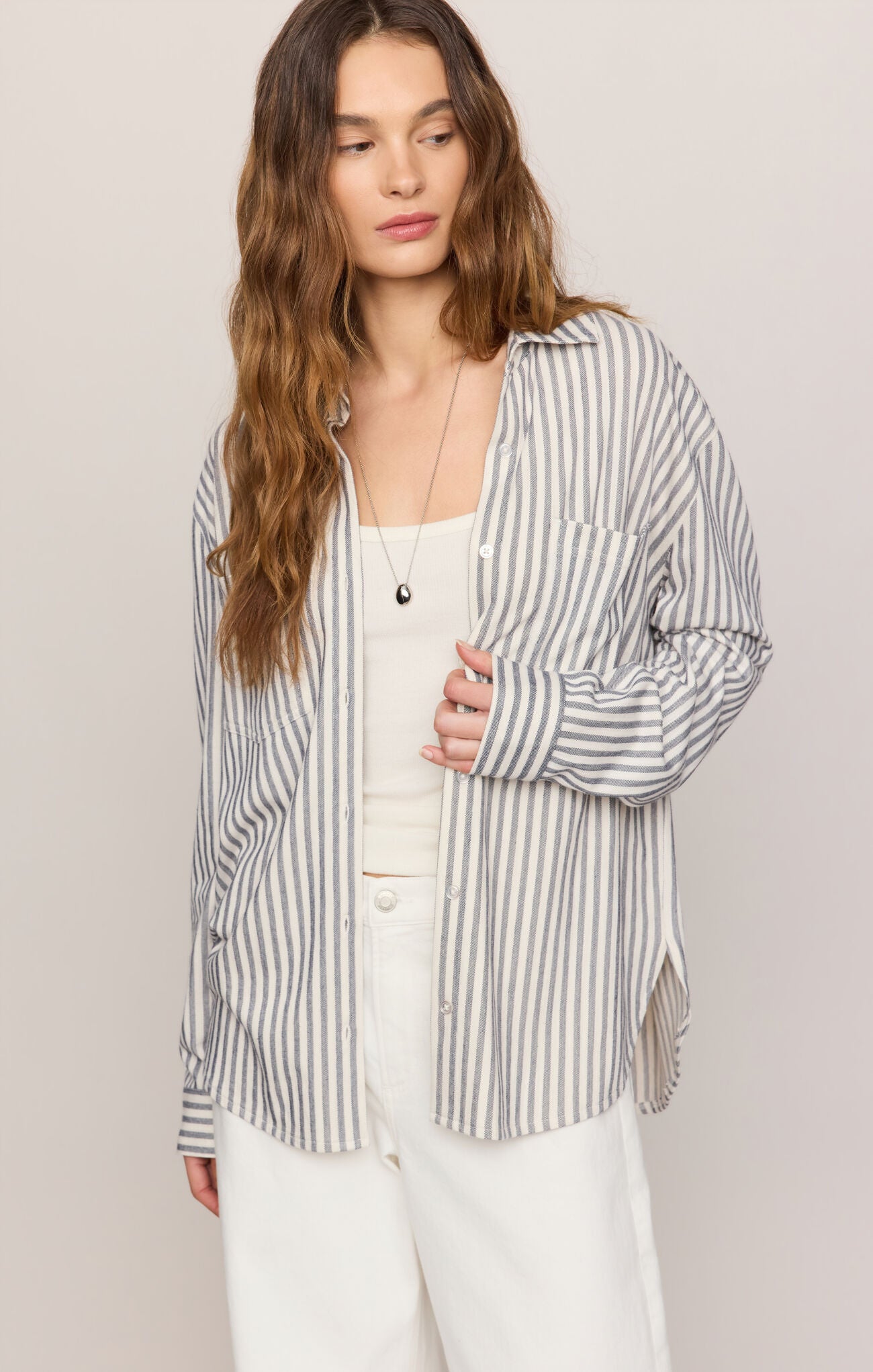 Reese Button Up Stripe Top-Long Sleeves-Vixen Collection, Day Spa and Women's Boutique Located in Seattle, Washington