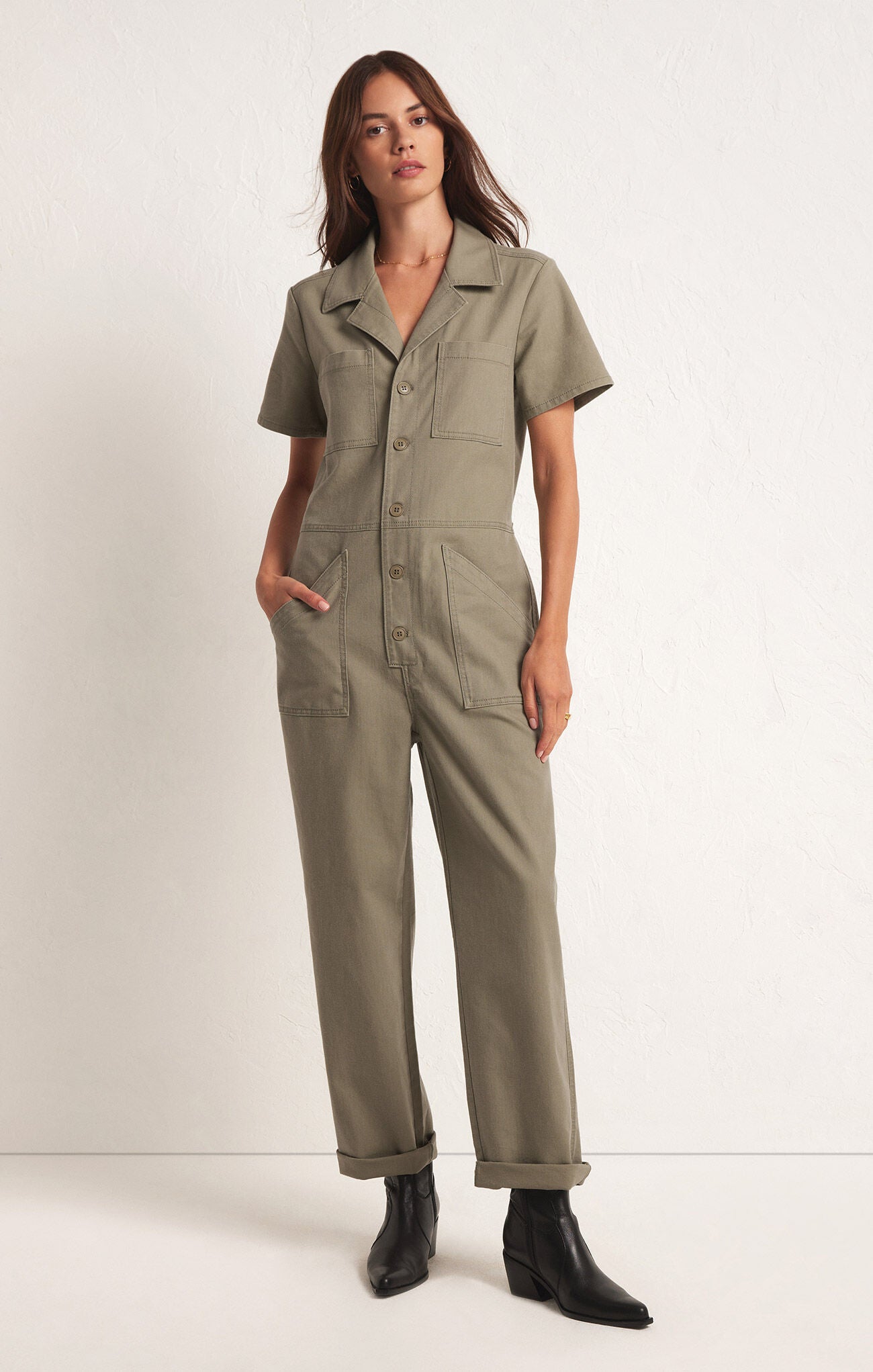 Stevie Stretch Twill Jumpsuit-Jumpsuits-Vixen Collection, Day Spa and Women's Boutique Located in Seattle, Washington