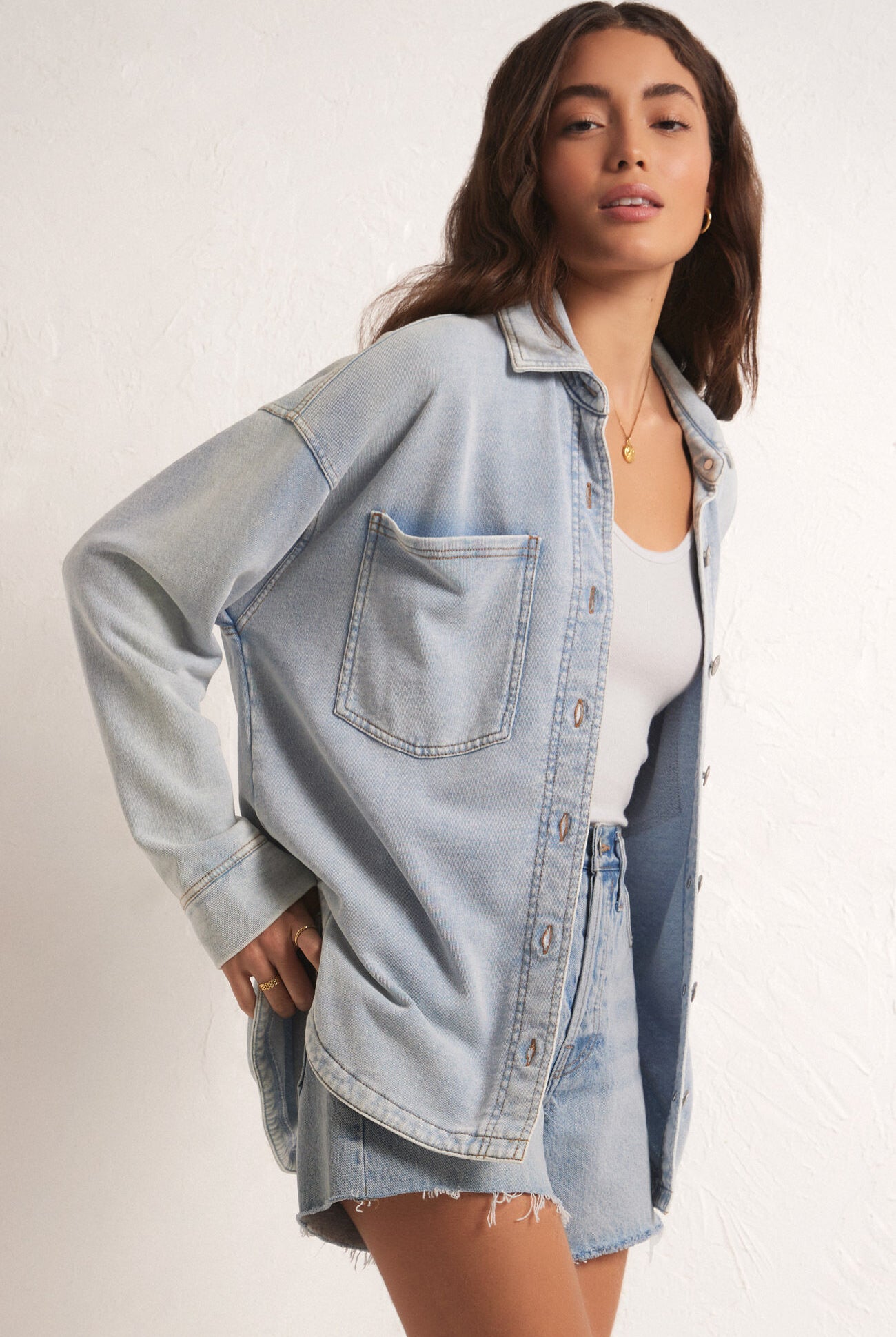 All Day Knit Denim Jacket-Jackets-Vixen Collection, Day Spa and Women's Boutique Located in Seattle, Washington