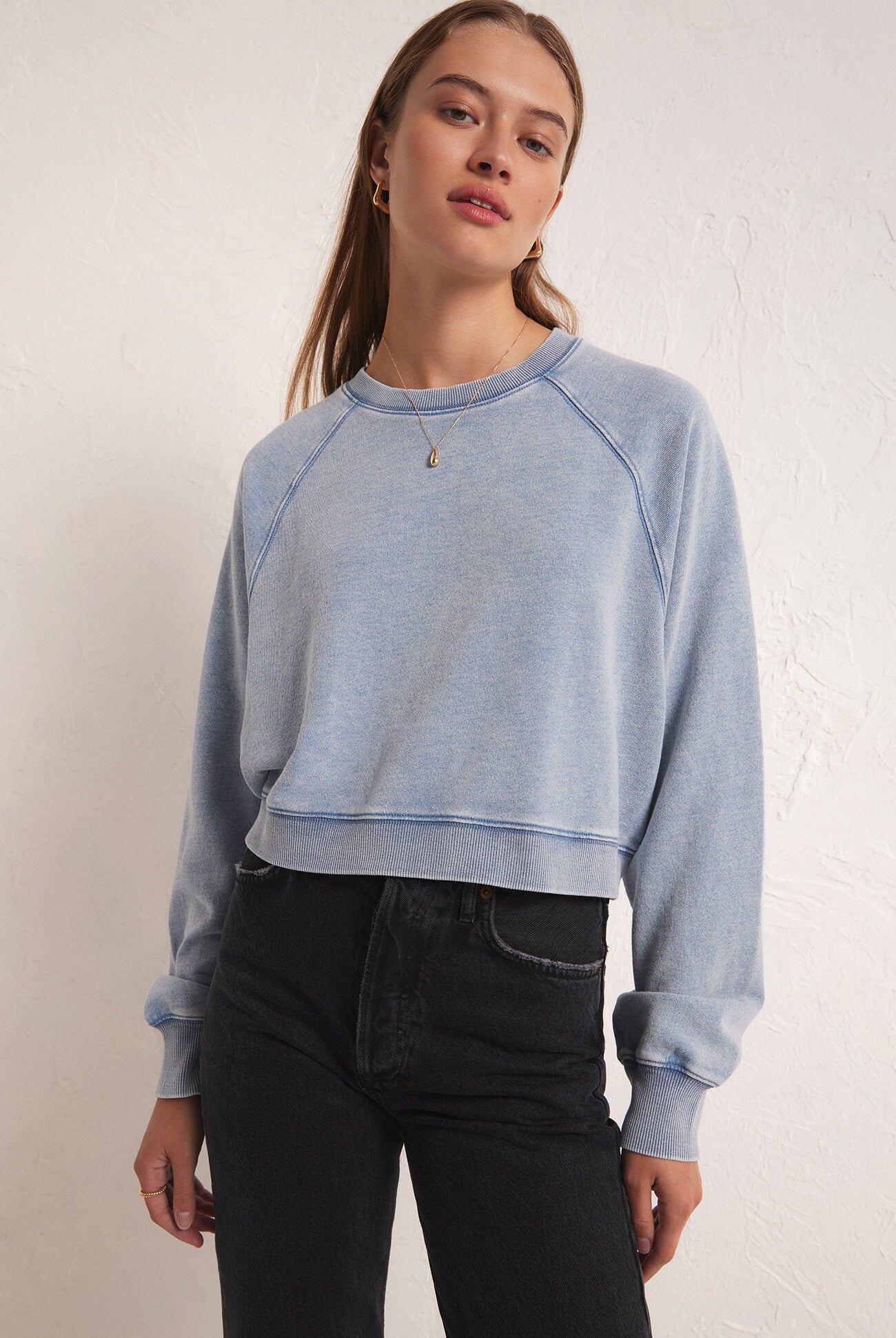 Crop Out Knit Denim Sweatshirt-Sweaters-Vixen Collection, Day Spa and Women's Boutique Located in Seattle, Washington