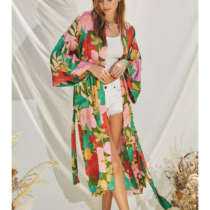 Bed of Flowers Satin Belt Kimono Duster-Kimonos-Vixen Collection, Day Spa and Women's Boutique Located in Seattle, Washington