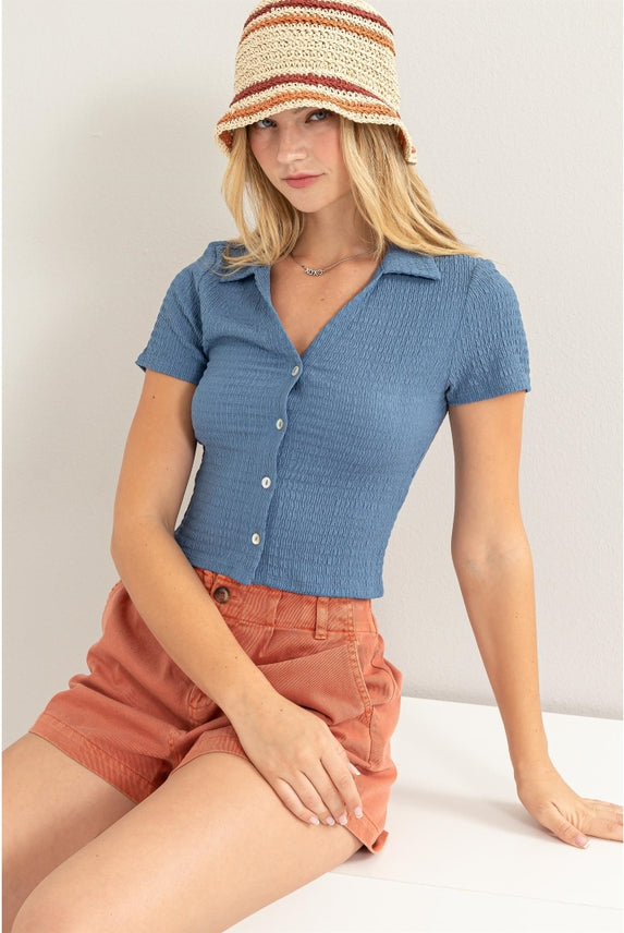 Pieces of Me Crinkled Button Top-Short Sleeves-Vixen Collection, Day Spa and Women's Boutique Located in Seattle, Washington