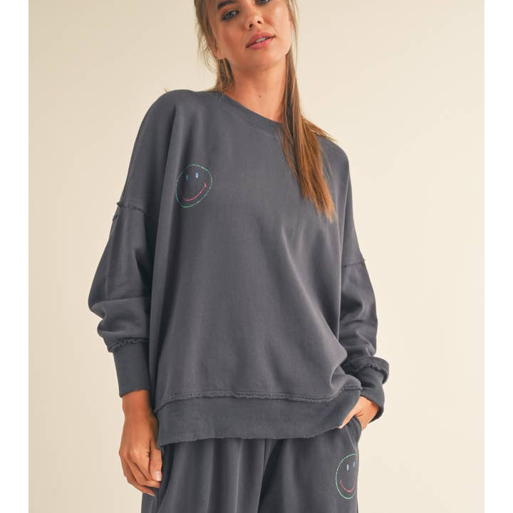 Front View. Smile Face Terry Sweatshirt-Loungewear Tops-Vixen Collection, Day Spa and Women's Boutique Located in Seattle, Washington