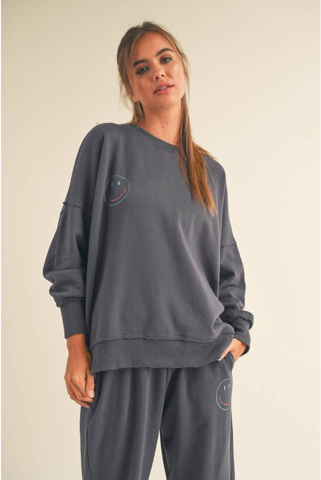 Smile Face Terry Sweatshirt-Loungewear Tops-Vixen Collection, Day Spa and Women's Boutique Located in Seattle, Washington