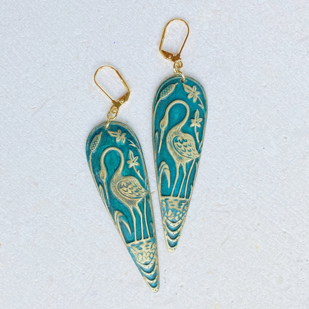 Teal Crane Earrings-Earrings-Vixen Collection, Day Spa and Women's Boutique Located in Seattle, Washington