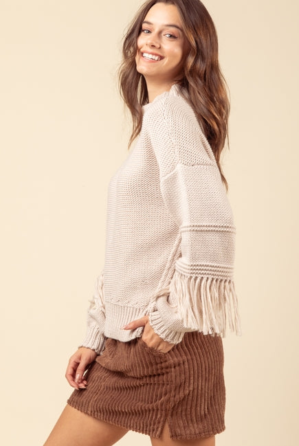 Fringe Sleeve Chunky Cozy Knit Sweater Top-Sweaters-Vixen Collection, Day Spa and Women's Boutique Located in Seattle, Washington
