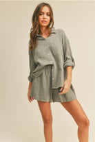Buttondown Roll Up Blouse-Long Sleeves-Vixen Collection, Day Spa and Women's Boutique Located in Seattle, Washington