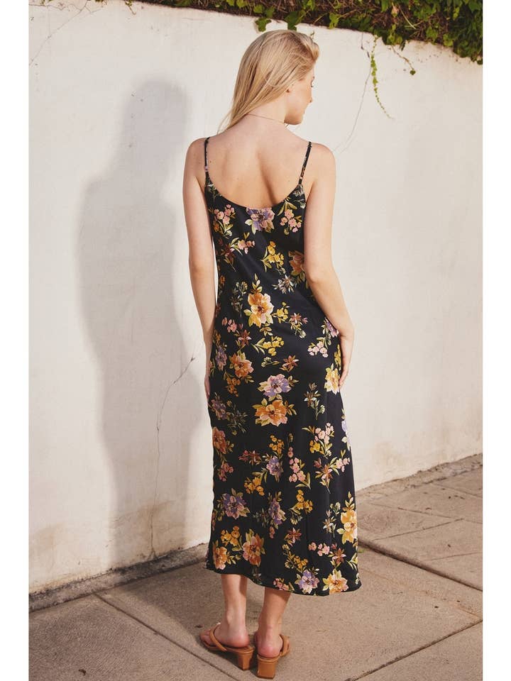 Wildflower Satin Floral Cowl Neck Midi Dress-Dresses-Vixen Collection, Day Spa and Women's Boutique Located in Seattle, Washington