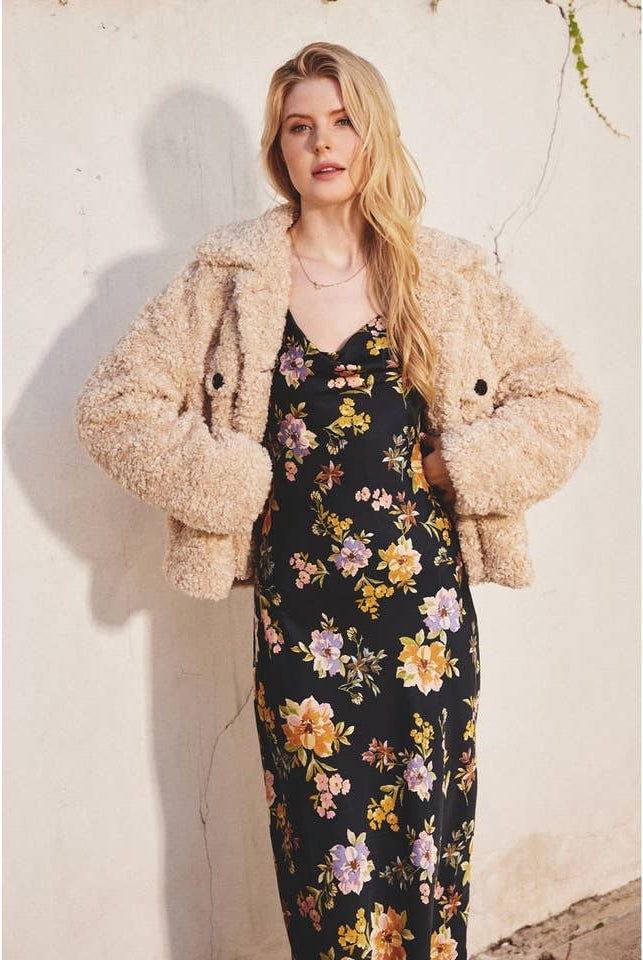 Wildflower Satin Floral Cowl Neck Midi Dress-Dresses-Vixen Collection, Day Spa and Women's Boutique Located in Seattle, Washington
