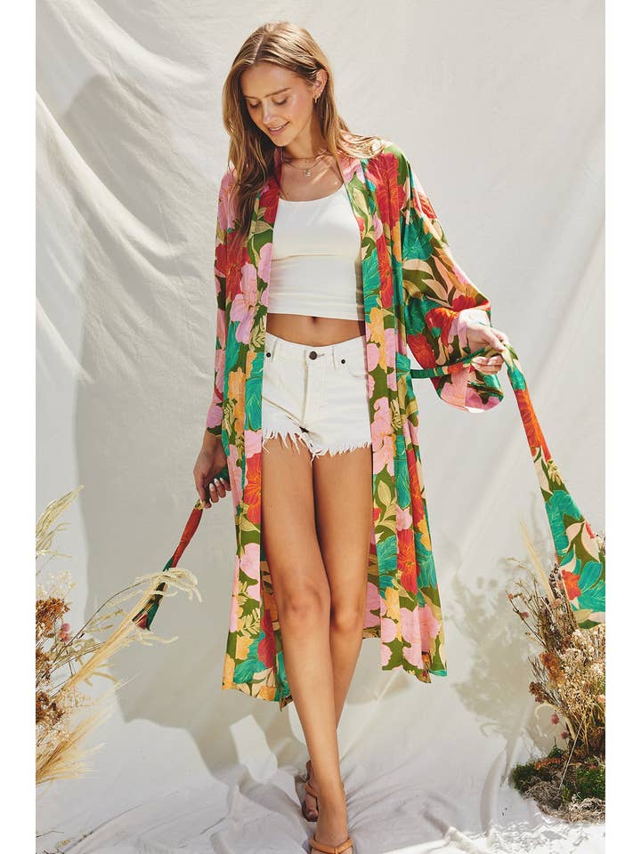Bed of Flowers Satin Belt Kimono Duster-Kimonos-Vixen Collection, Day Spa and Women's Boutique Located in Seattle, Washington
