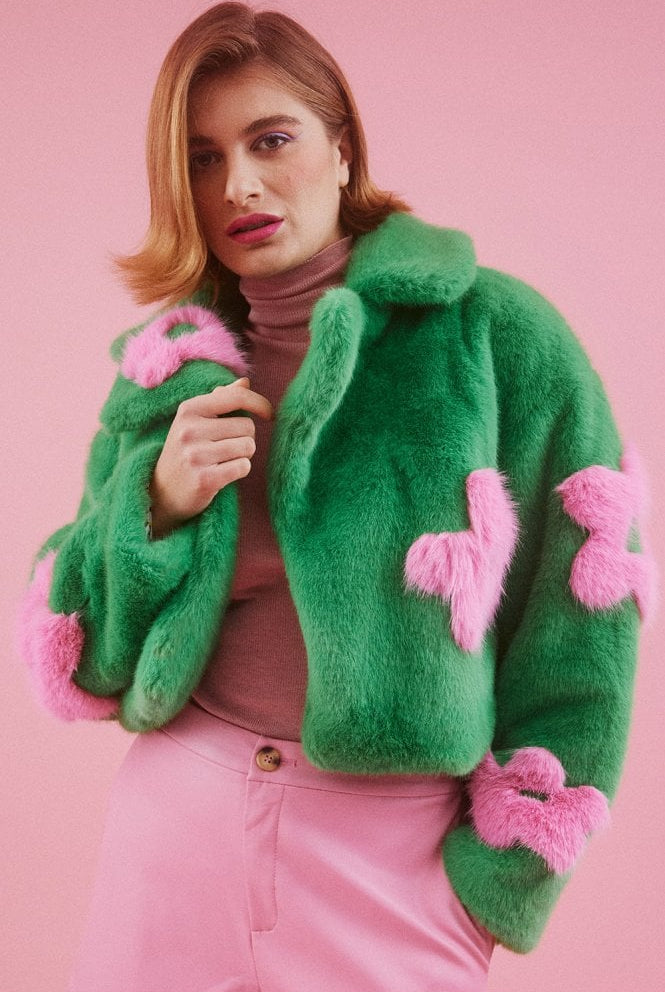 Jayley Green Flower Faux Fur Jacket-Jackets-Vixen Collection, Day Spa and Women's Boutique Located in Seattle, Washington