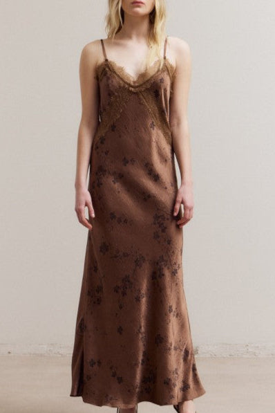 Toffee Bloom Satin Dress-Dresses-Vixen Collection, Day Spa and Women's Boutique Located in Seattle, Washington