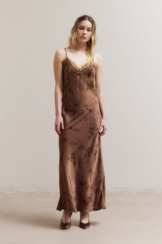 Toffee Bloom Satin Dress-Dresses-Vixen Collection, Day Spa and Women's Boutique Located in Seattle, Washington