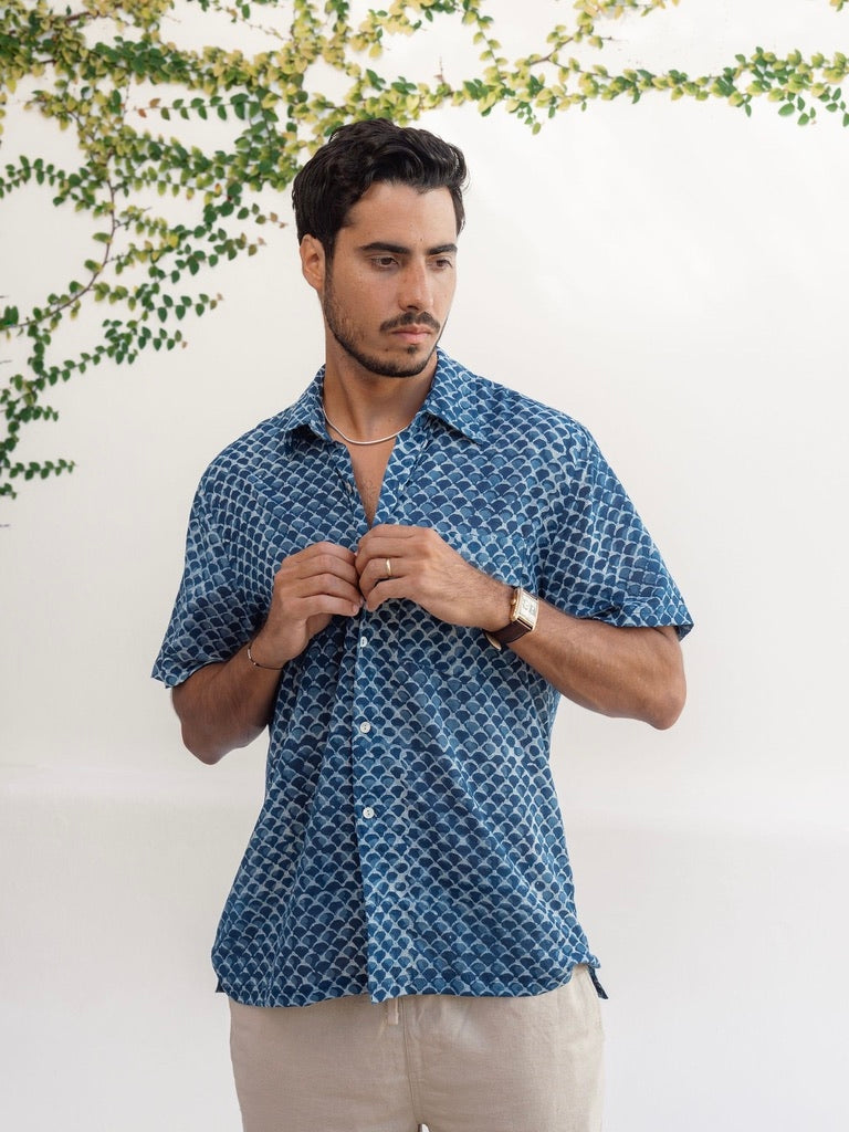 Indigo Scales Ultra-Light Button Down-Men's Tops-Vixen Collection, Day Spa and Women's Boutique Located in Seattle, Washington