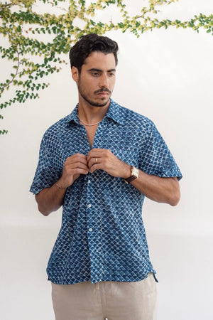 Indigo Scales Ultra-Light Button Down-Men's Tops-Vixen Collection, Day Spa and Women's Boutique Located in Seattle, Washington