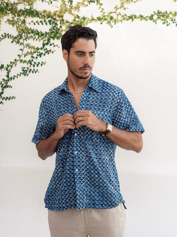 Indigo Scales Ultra-Light Button Down-Men's Tops-Vixen Collection, Day Spa and Women's Boutique Located in Seattle, Washington