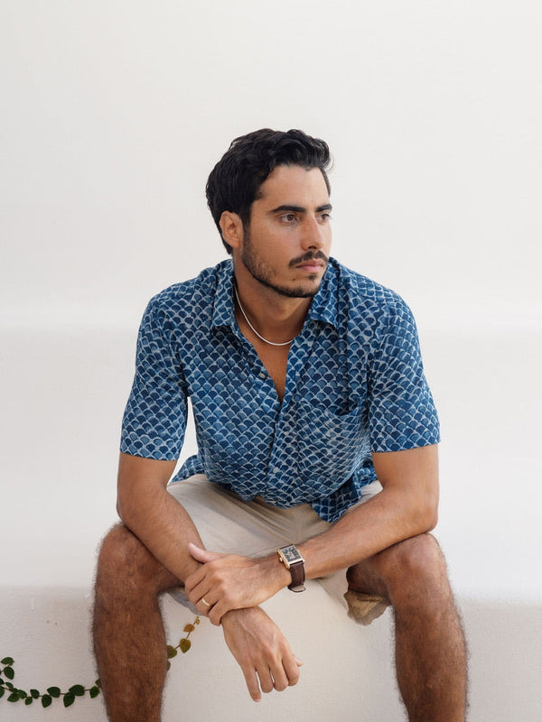 Indigo Scales Ultra-Light Button Down-Men's Tops-Vixen Collection, Day Spa and Women's Boutique Located in Seattle, Washington