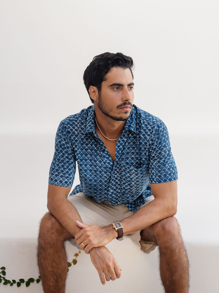 Indigo Scales Ultra-Light Button Down-Men's Tops-Vixen Collection, Day Spa and Women's Boutique Located in Seattle, Washington