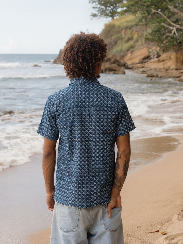 Indigo Scales Button Down-Men's Tops-Vixen Collection, Day Spa and Women's Boutique Located in Seattle, Washington