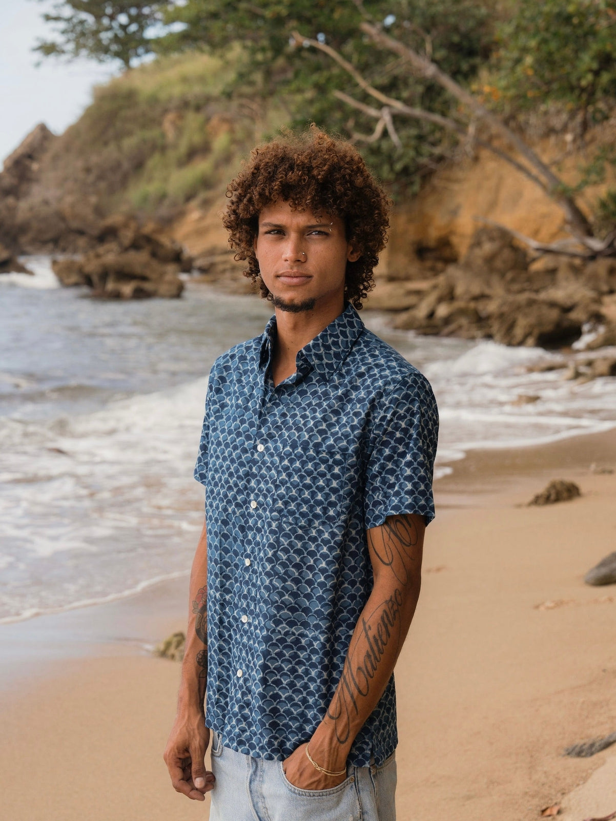 Indigo Scales Button Down-Men's Tops-Vixen Collection, Day Spa and Women's Boutique Located in Seattle, Washington
