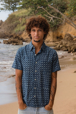 Indigo Scales Button Down-Men's Tops-Vixen Collection, Day Spa and Women's Boutique Located in Seattle, Washington