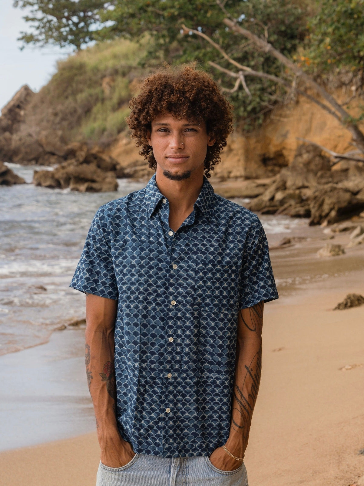 Indigo Scales Button Down-Men's Tops-Vixen Collection, Day Spa and Women's Boutique Located in Seattle, Washington