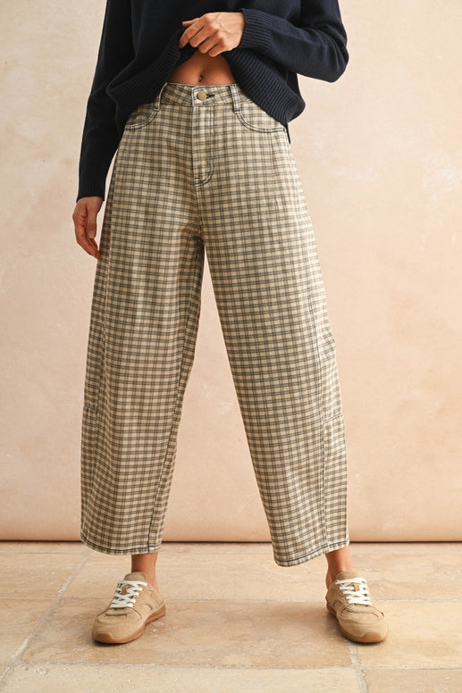 Cafe Check Barrel Pants-Pants-Vixen Collection, Day Spa and Women's Boutique Located in Seattle, Washington
