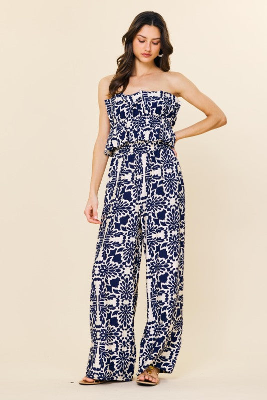 Ruffle Rush Printed Palazzo Jumpsuit-Jumpsuits-Vixen Collection, Day Spa and Women's Boutique Located in Seattle, Washington