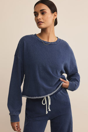 Circuit Knit Denim Sweatshirt-Sweatshirts-Vixen Collection, Day Spa and Women's Boutique Located in Seattle, Washington