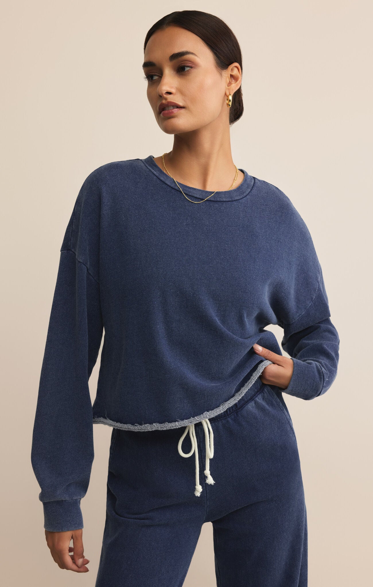 Circuit Knit Denim Sweatshirt-Sweatshirts-Vixen Collection, Day Spa and Women's Boutique Located in Seattle, Washington