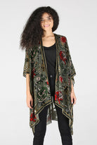 Front View. Burnout Velvet Floral Kimono-Kimonos-Vixen Collection, Day Spa and Women's Boutique Located in Seattle, Washington