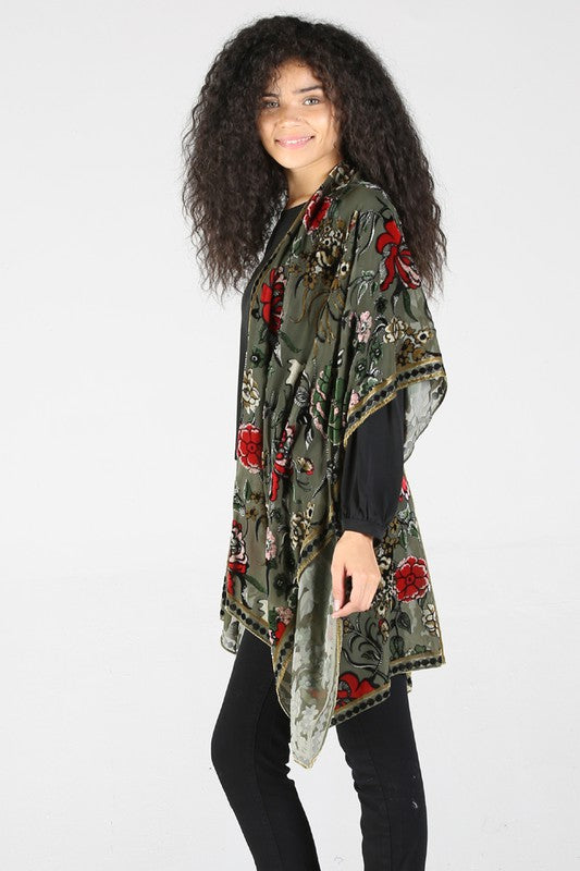 Burnout Velvet Floral Kimono-Kimonos-Vixen Collection, Day Spa and Women's Boutique Located in Seattle, Washington