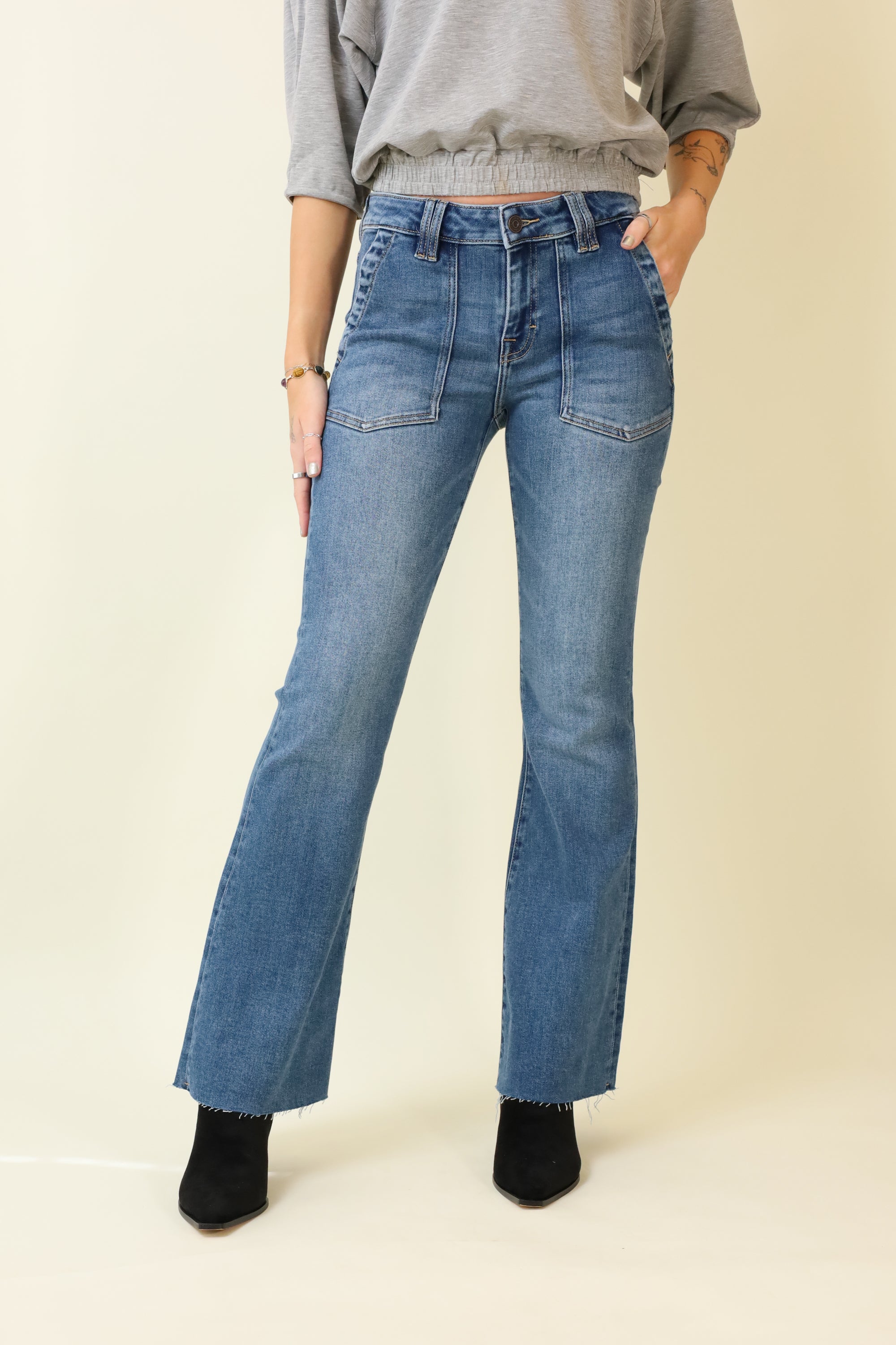 Happi Flare Jeans w/ Patch Pockets-Denim-Vixen Collection, Day Spa and Women's Boutique Located in Seattle, Washington