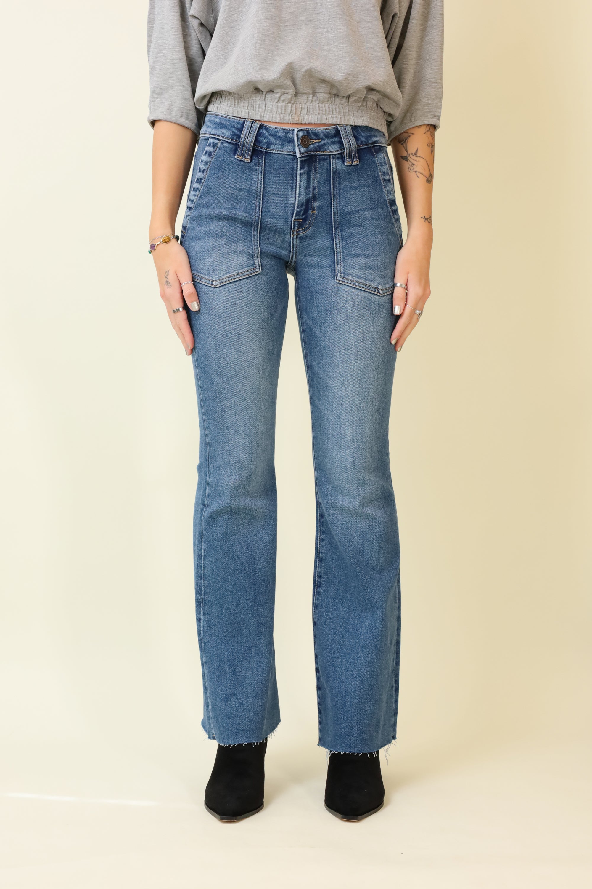 Happi Flare Jeans w/ Patch Pockets-Denim-Vixen Collection, Day Spa and Women's Boutique Located in Seattle, Washington