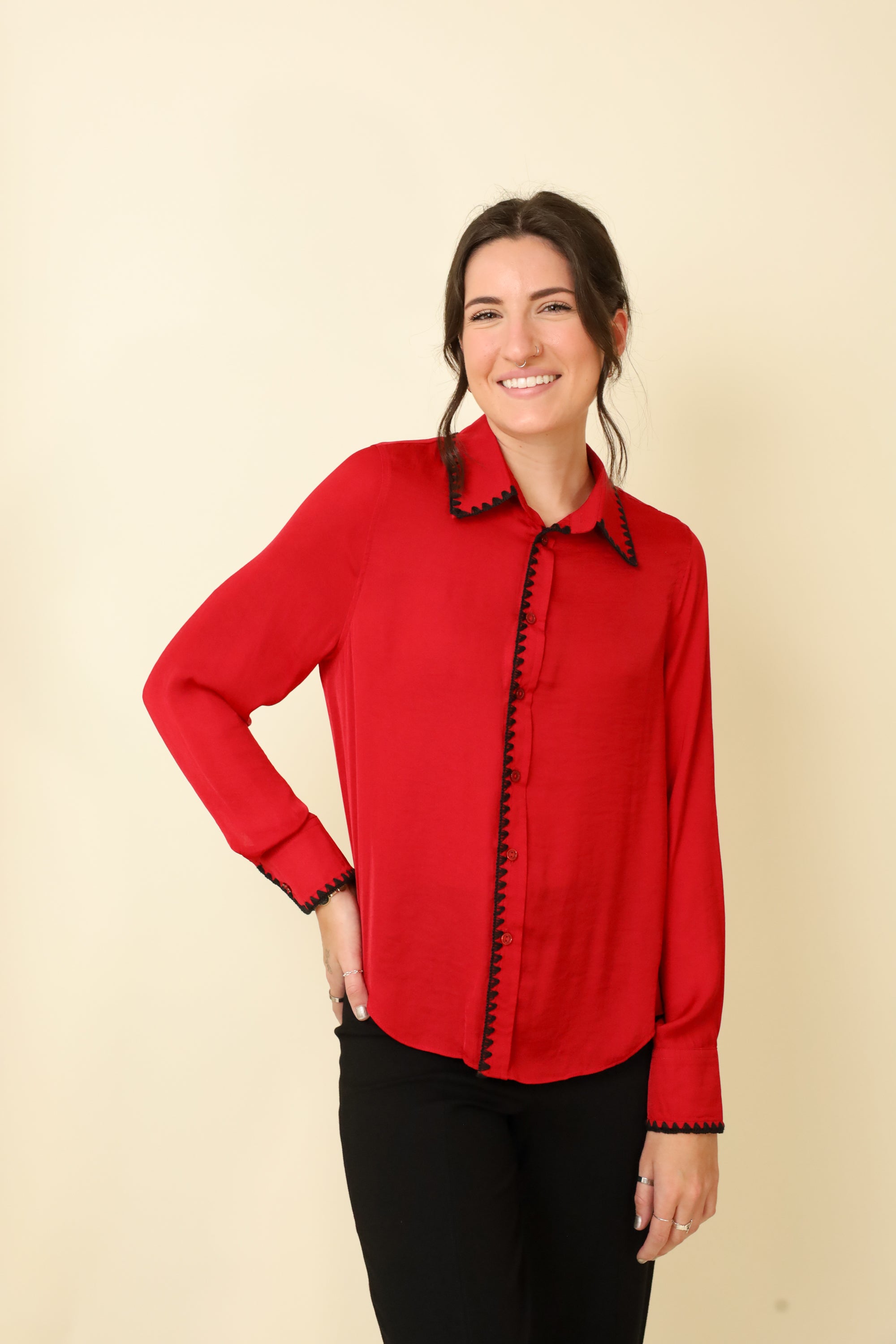 Simone Stitch Button-Up Blouse-Long Sleeves-Vixen Collection, Day Spa and Women's Boutique Located in Seattle, Washington