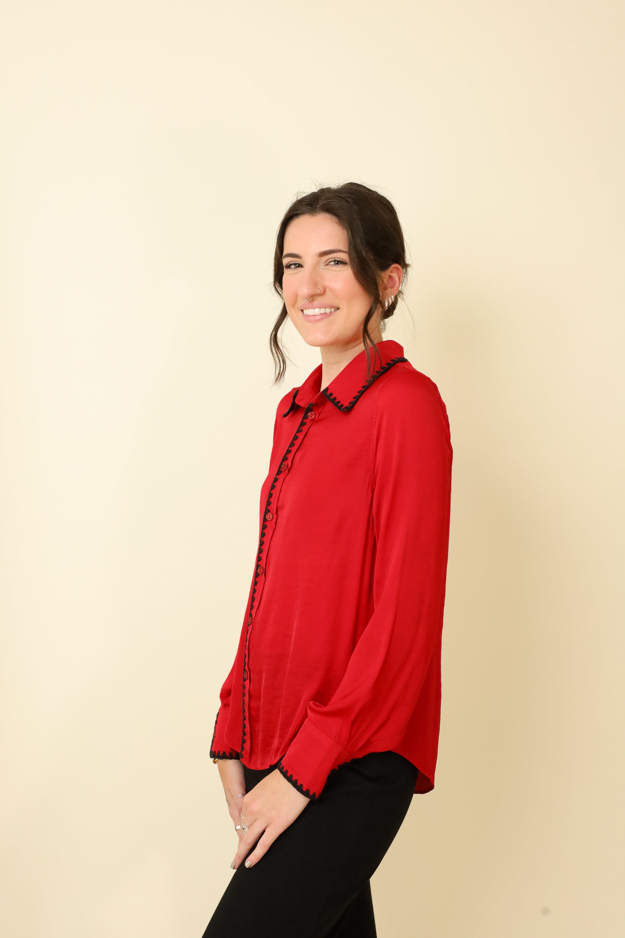 Simone Stitch Button-Up Blouse-Long Sleeves-Vixen Collection, Day Spa and Women's Boutique Located in Seattle, Washington