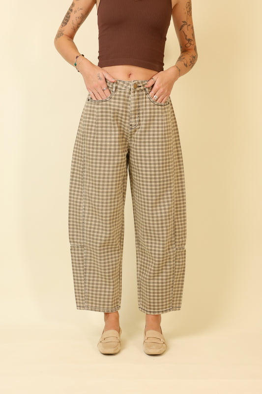 Cafe Check Barrel Pants-Pants-Vixen Collection, Day Spa and Women's Boutique Located in Seattle, Washington
