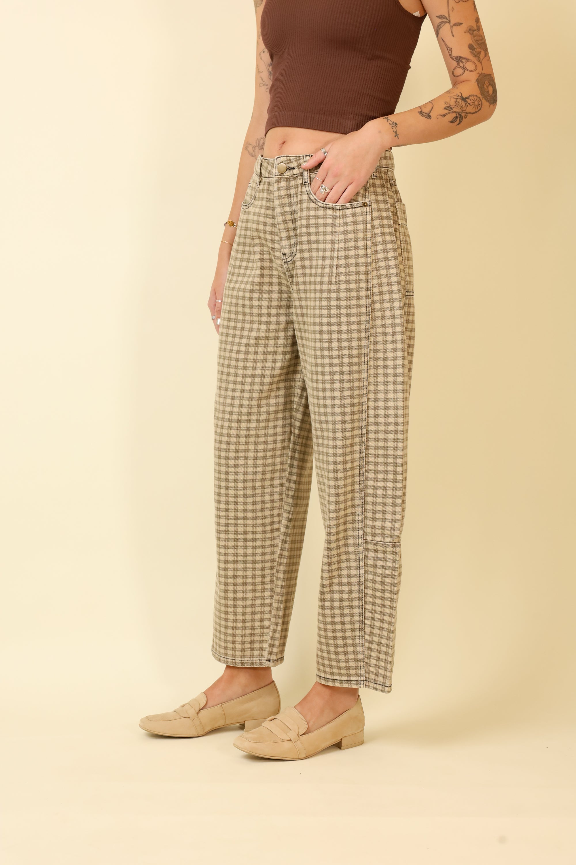 Cafe Check Barrel Pants-Pants-Vixen Collection, Day Spa and Women's Boutique Located in Seattle, Washington