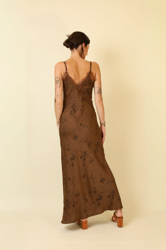 Toffee Bloom Satin Dress-Dresses-Vixen Collection, Day Spa and Women's Boutique Located in Seattle, Washington