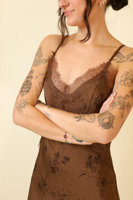 Toffee Bloom Satin Dress-Dresses-Vixen Collection, Day Spa and Women's Boutique Located in Seattle, Washington