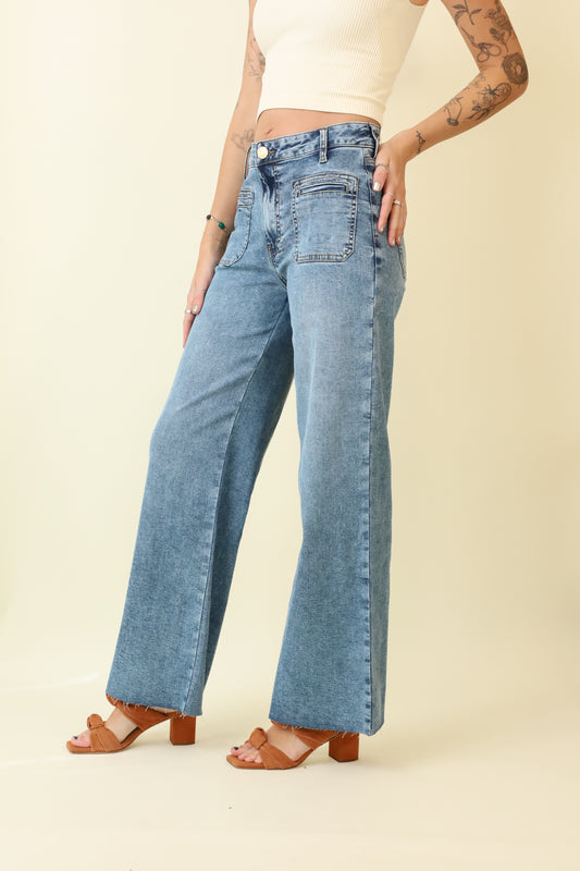 Meg Wide Leg Patch Pocket Jeans-Denim-Vixen Collection, Day Spa and Women's Boutique Located in Seattle, Washington