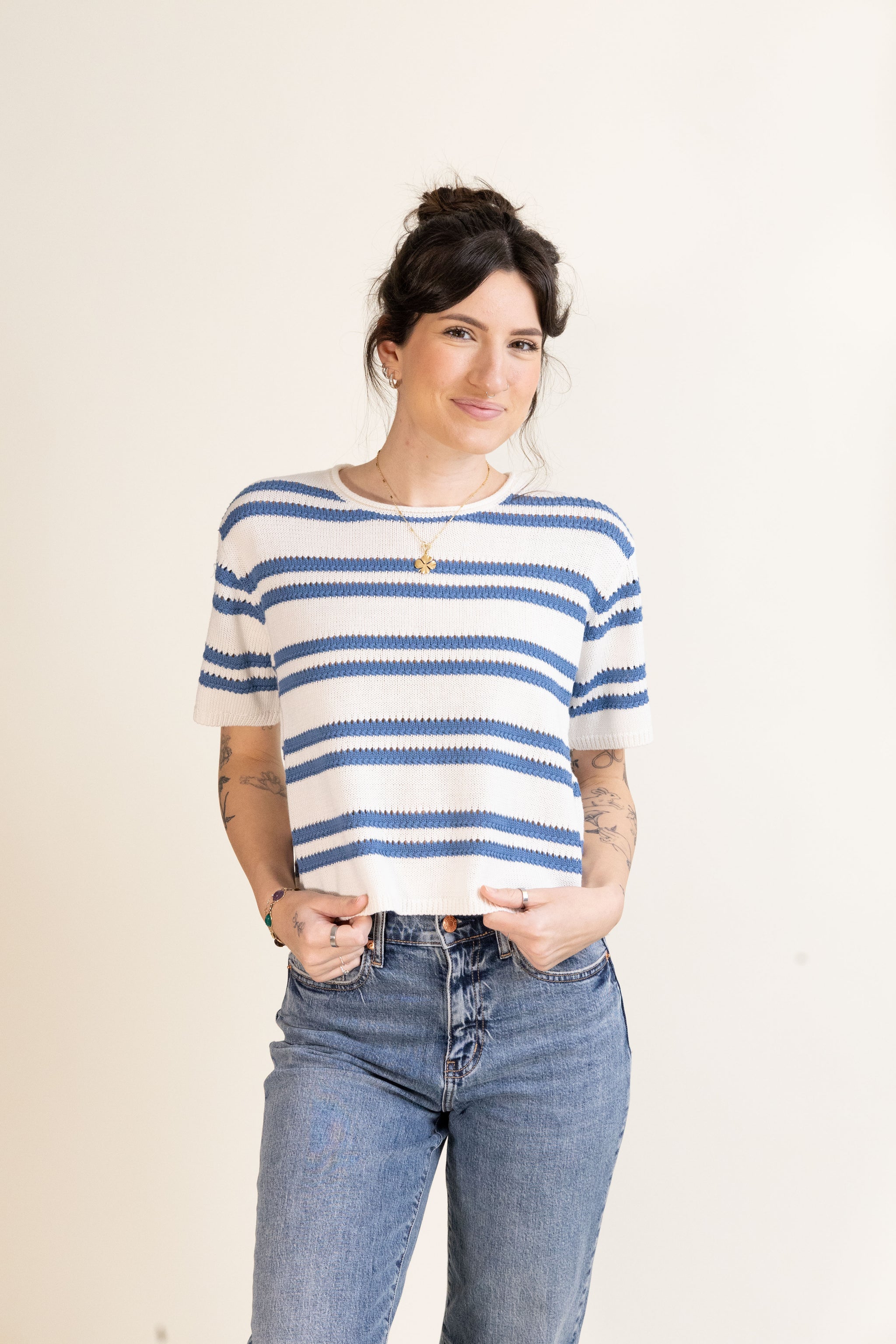 Prado Stripe Sweater Tee-Sweaters-Vixen Collection, Day Spa and Women's Boutique Located in Seattle, Washington