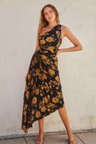 Golden Magnolias Pleated Maxi Dress-Dresses-Vixen Collection, Day Spa and Women's Boutique Located in Seattle, Washington