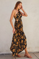 Golden Magnolias Pleated Maxi Dress-Dresses-Vixen Collection, Day Spa and Women's Boutique Located in Seattle, Washington