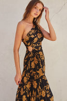 Golden Magnolias Pleated Maxi Dress-Dresses-Vixen Collection, Day Spa and Women's Boutique Located in Seattle, Washington